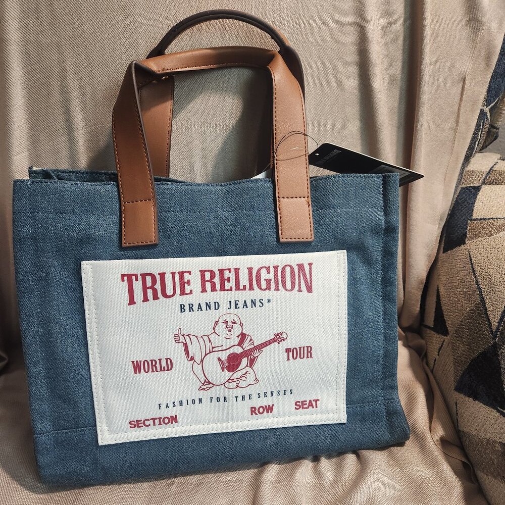 NWT True Religion Jeans Washed Denim Medium Tote Bag with Logo Crossbody Strap